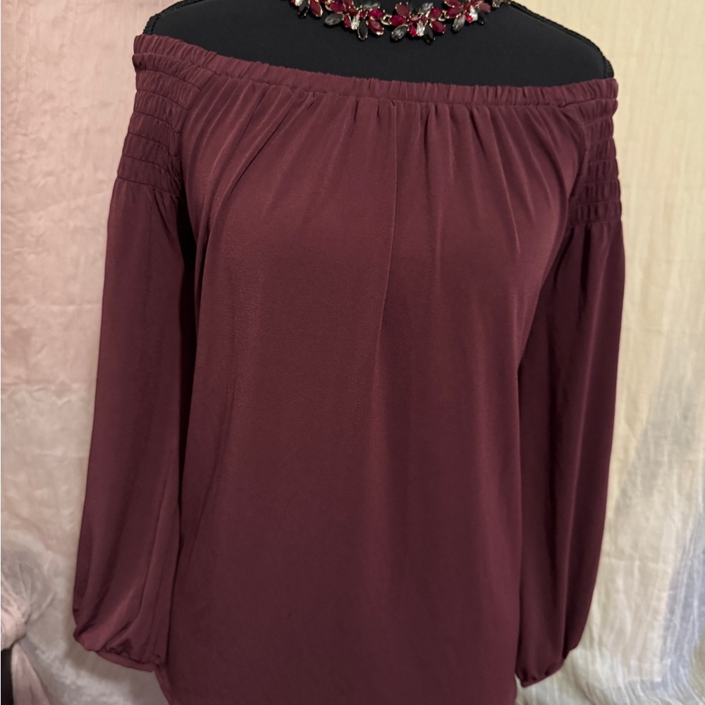 Ann Taylor Factory Off-Shoulder Burgundy Blouse